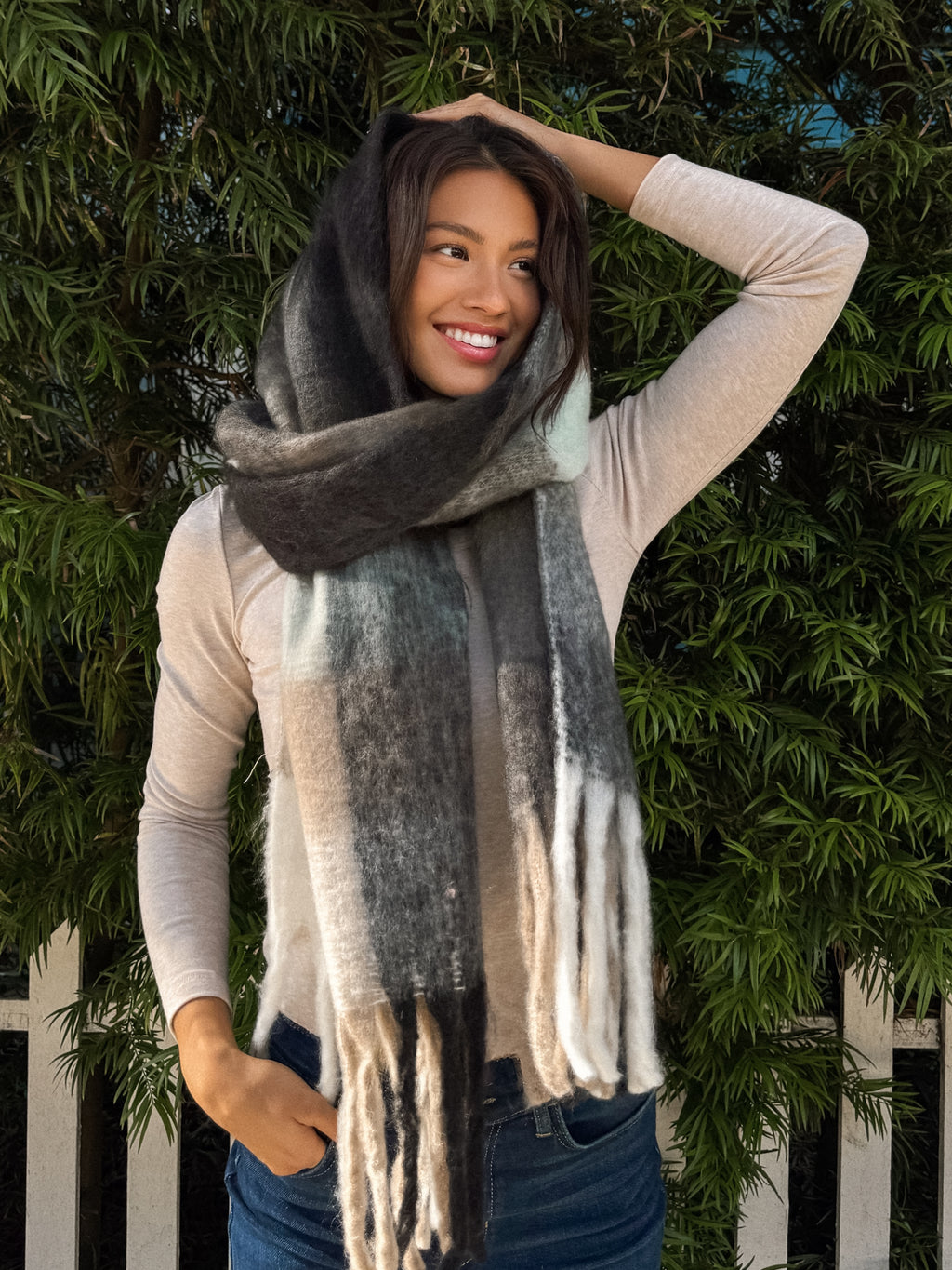 Cozy Plaid Scarf in Light Blue