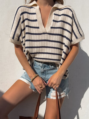 Hayes Stripe Collared Knit Top - Stitch And Feather
