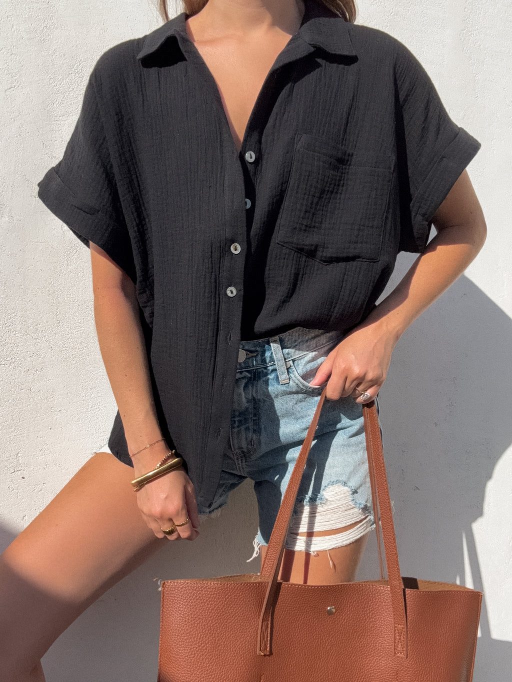 Kenzie Gauze Button Up in Black - Stitch And Feather