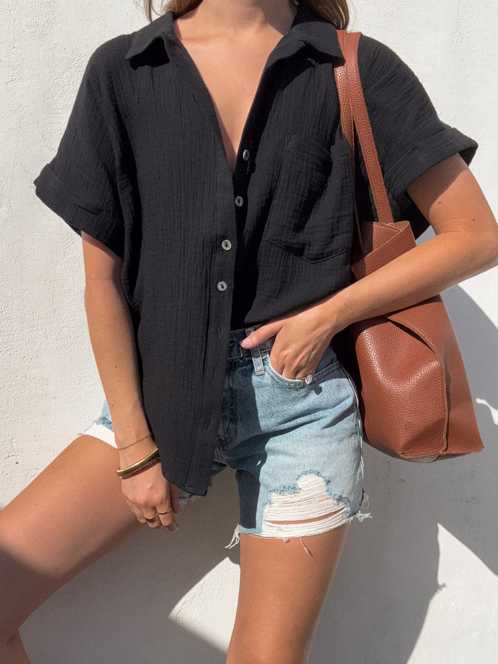Kenzie Gauze Button Up in Black - Stitch And Feather