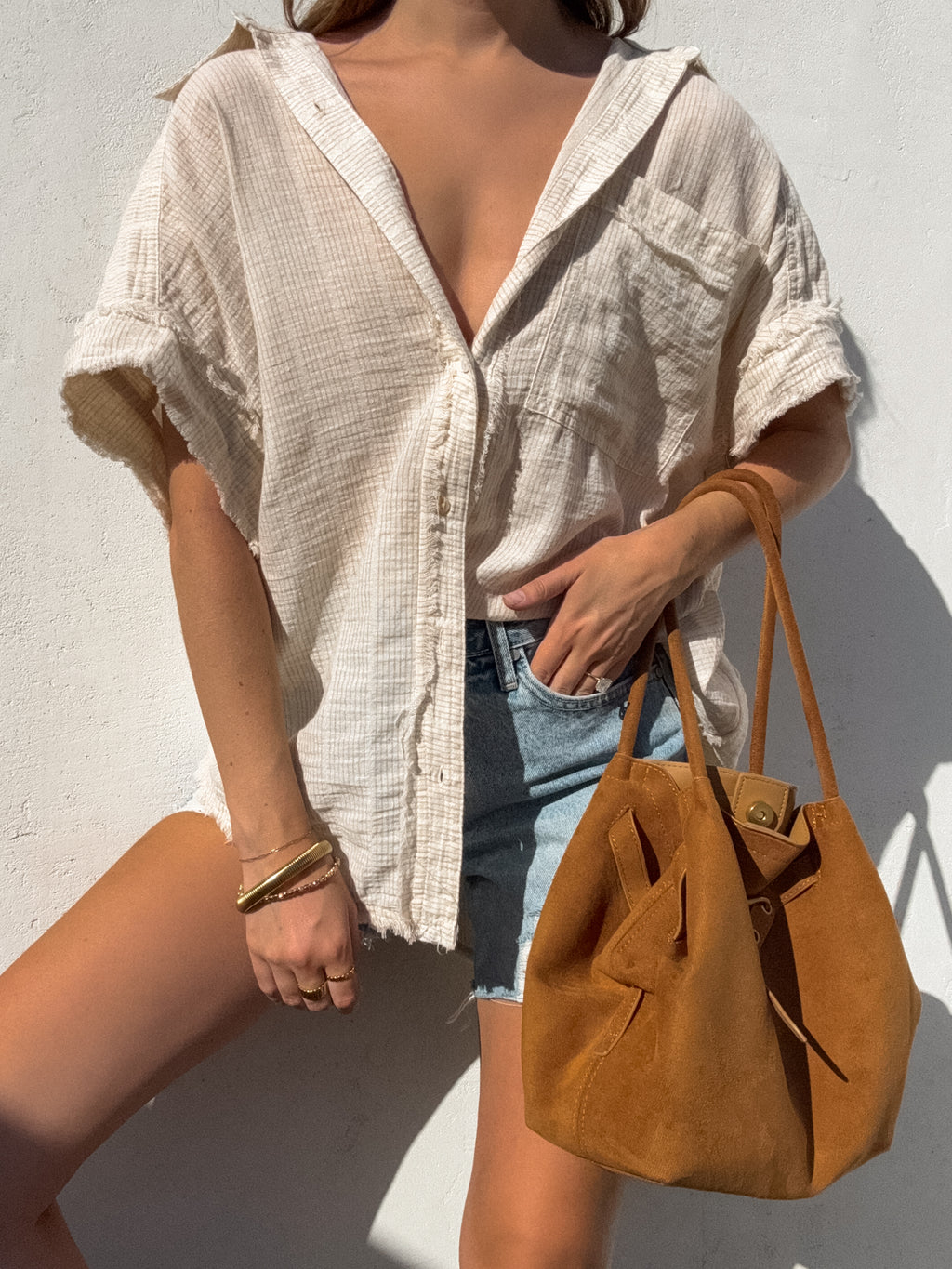 Finley Stripe Button Up in Taupe - Stitch And Feather