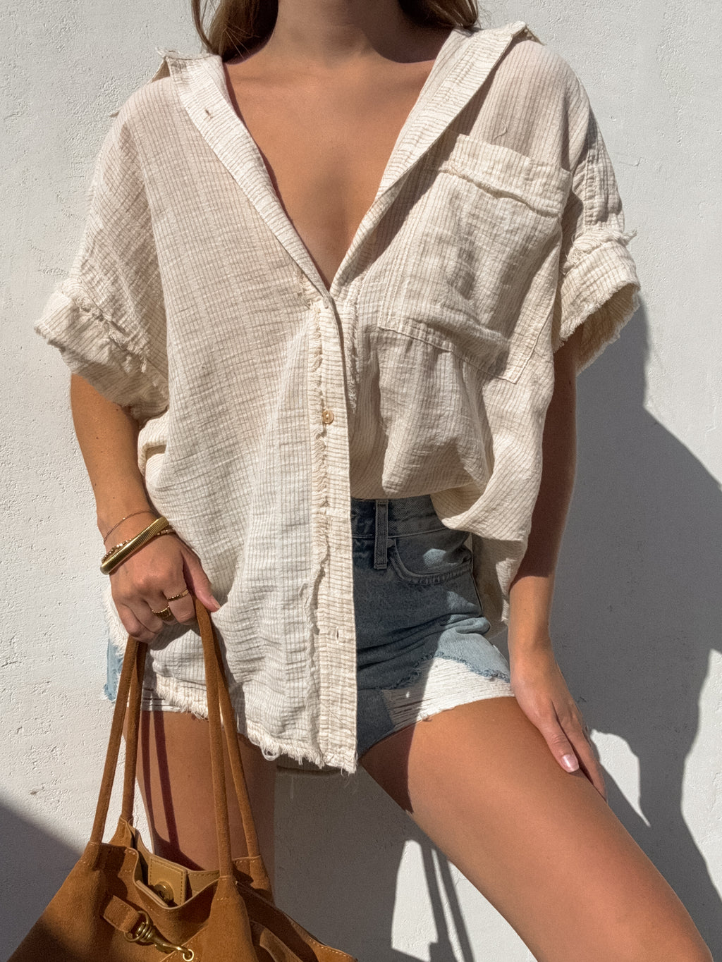 Finley Stripe Button Up in Taupe - Stitch And Feather