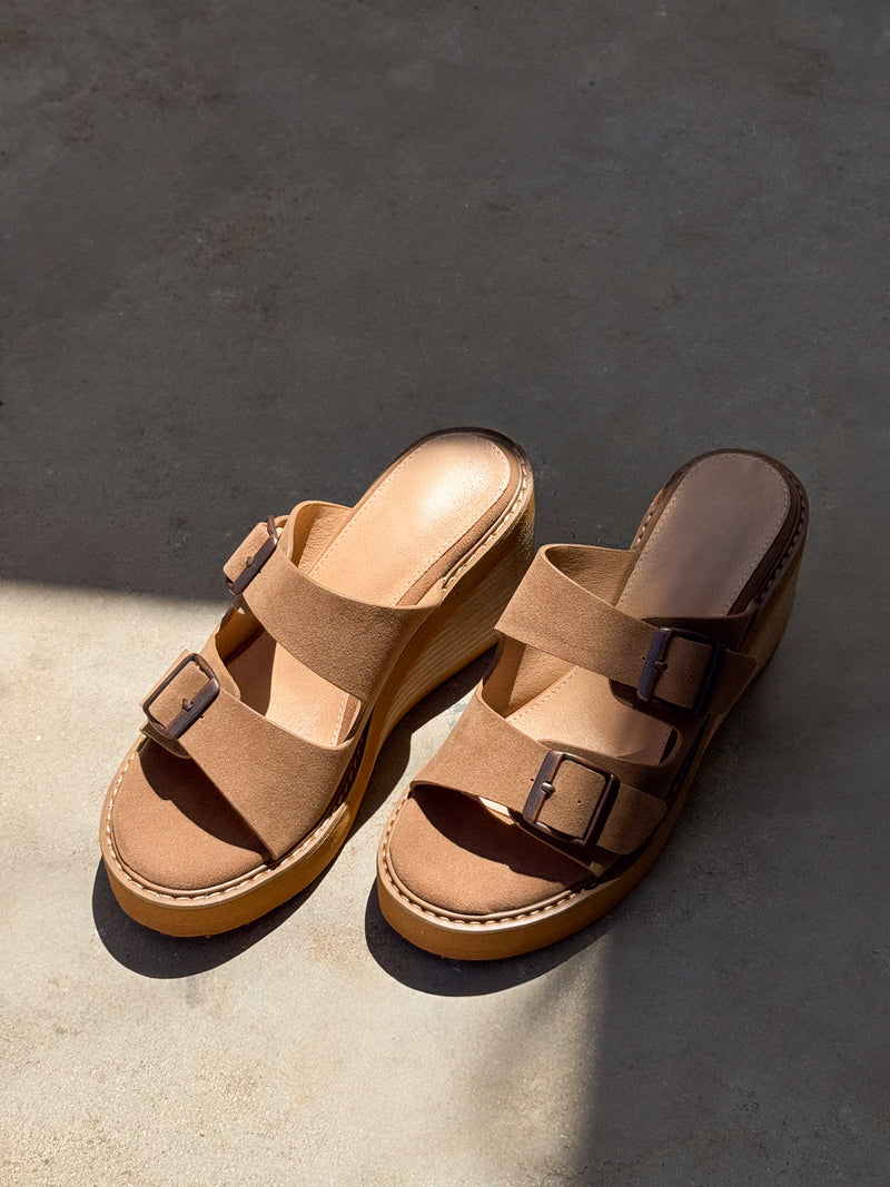 Janelle Suede Buckle Wedge Sandal - Stitch And Feather