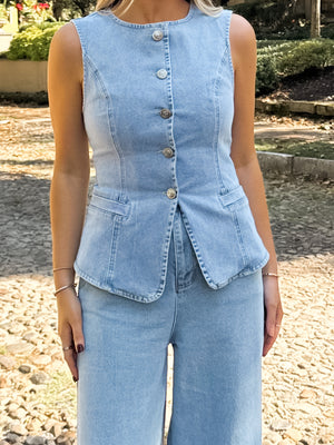 Hudson Button Denim Vest - Stitch And Feather