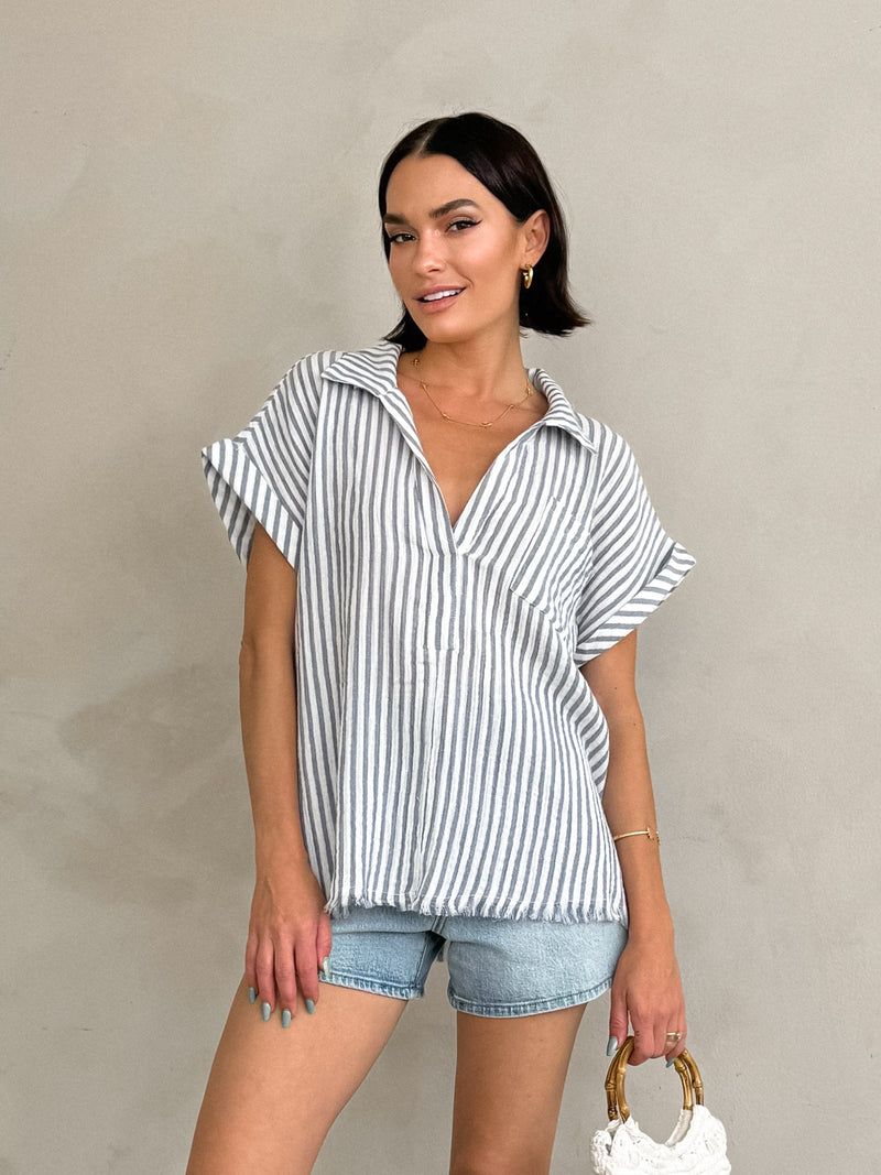 Kylie Stripe Collard Top in Blue - Stitch And Feather
