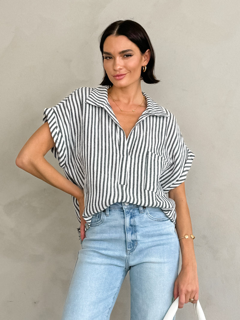 Kylie Stripe Collard Top in Black - Stitch And Feather