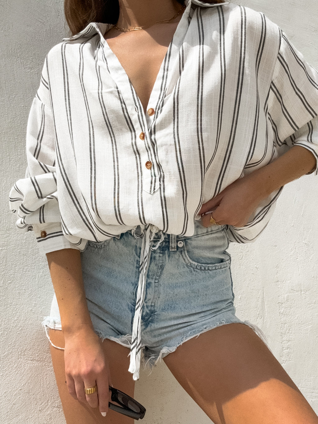 Stripe button detail elastic waist top- S23032, White - Stitch And Feather
