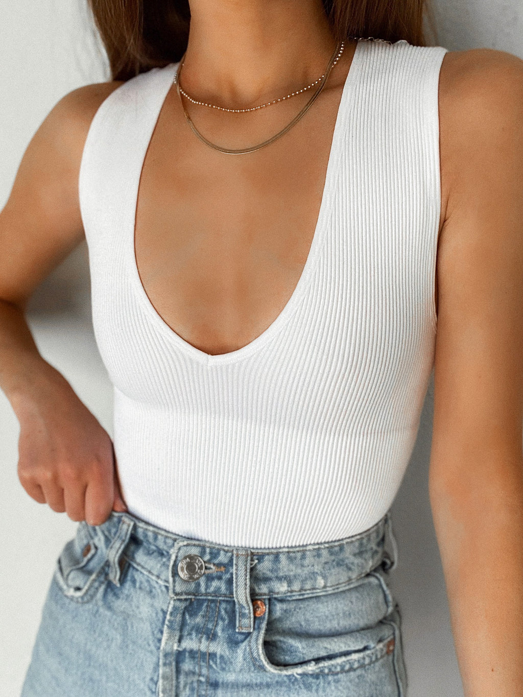 Double Plunge Bodysuit in White - Stitch And Feather