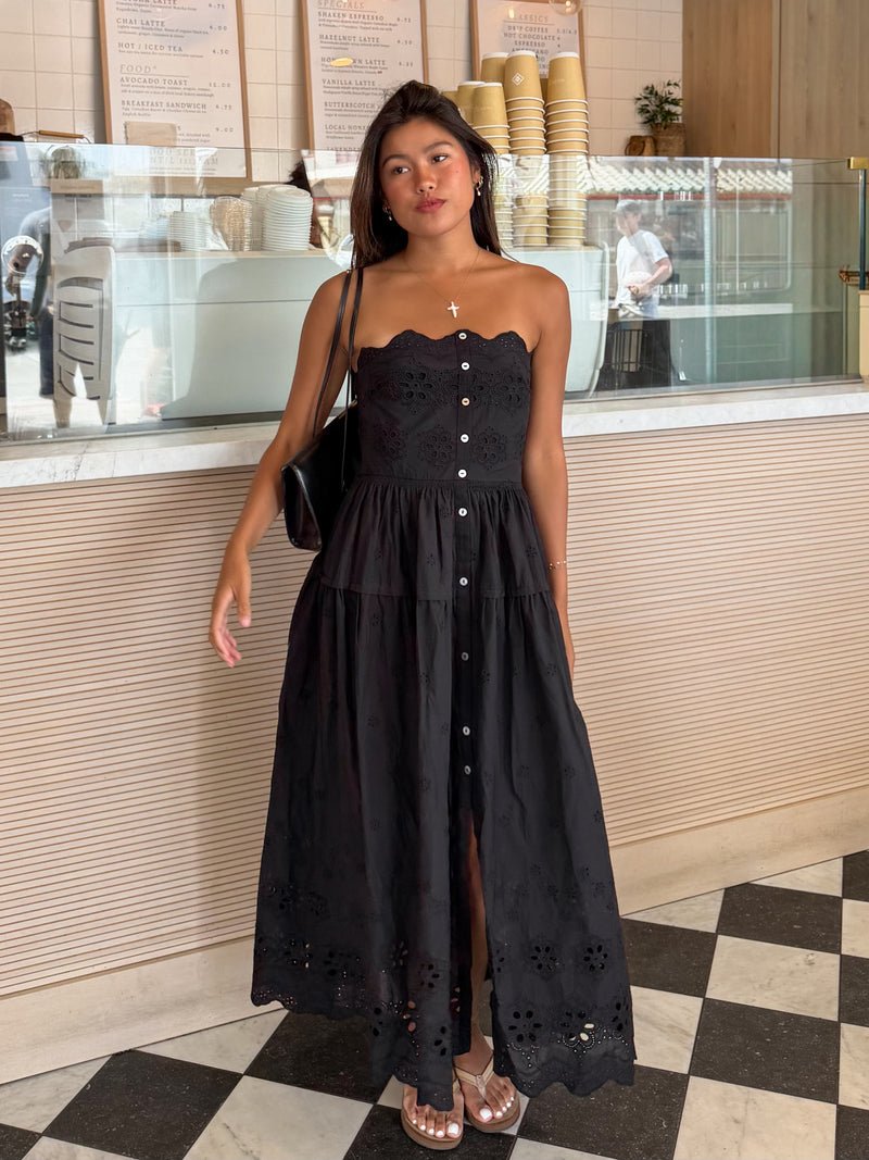 Odelia Strapless Eyelet Midi Dress in Black  Stitch And Feather