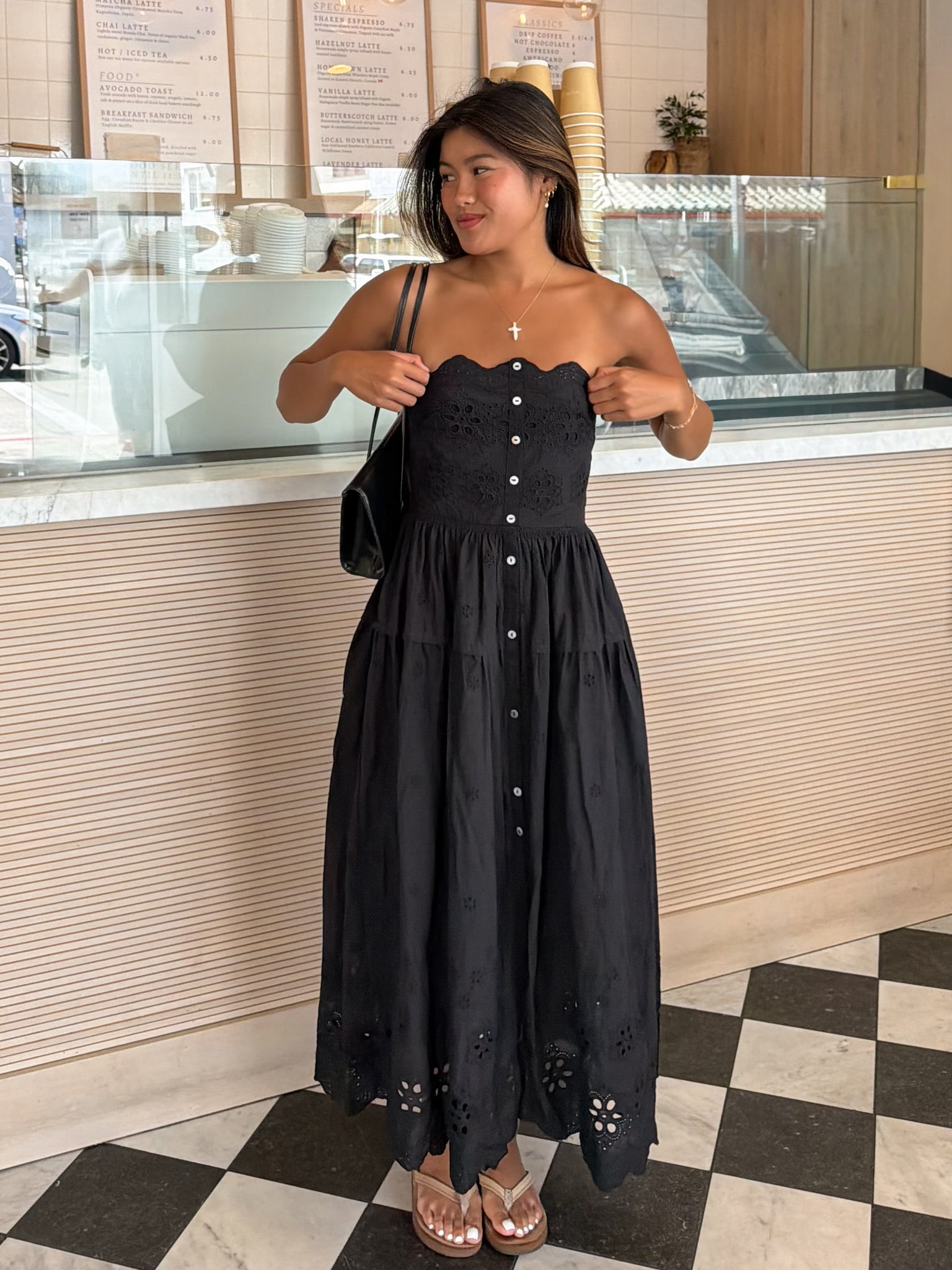 eyelet midi dress black Odelia Strapless Eyelet Midi Dress in Black Stitch And Feather