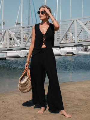 Carmen Linen Tie Vest in Black - Stitch And Feather