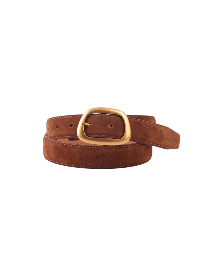 Suede Belt with Asymmetrical Buckle in Caramel - Stitch And Feather