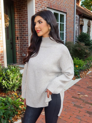 Mock neck knit top- S23552, Taupe - Stitch And Feather