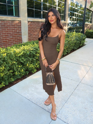 Ocaso Textured Midi Dress in Brown - Stitch And Feather