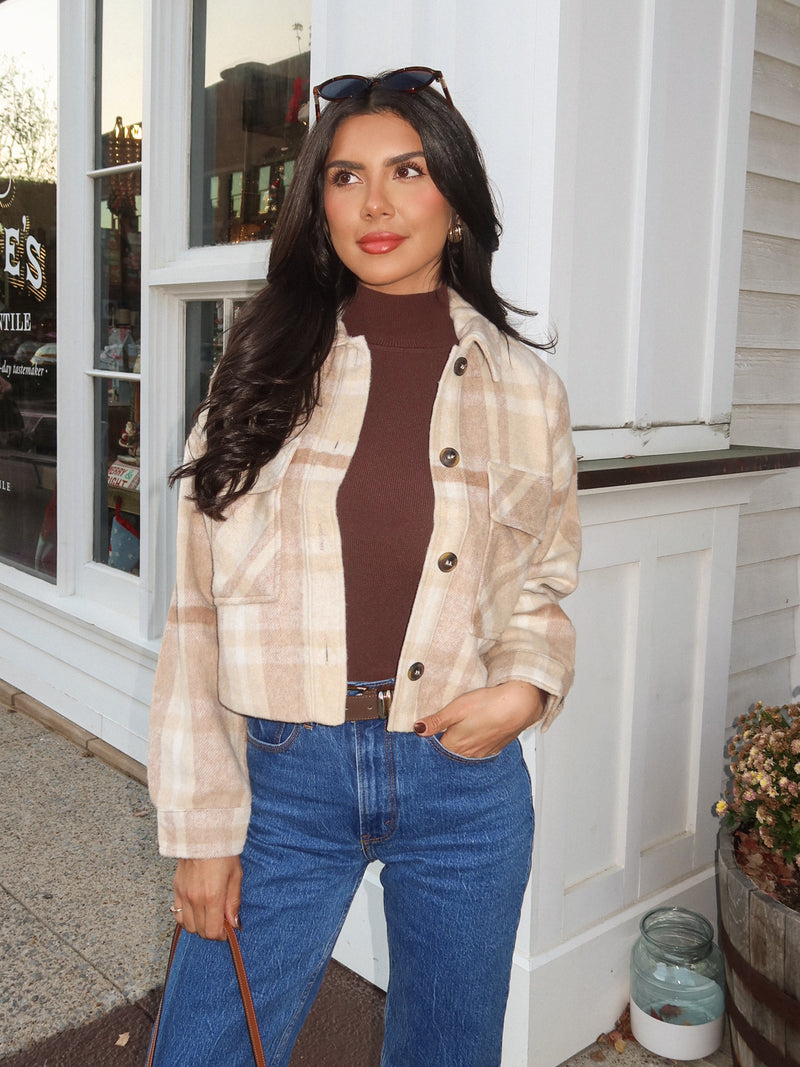 Helsa Plaid Button Shacket in Khaki