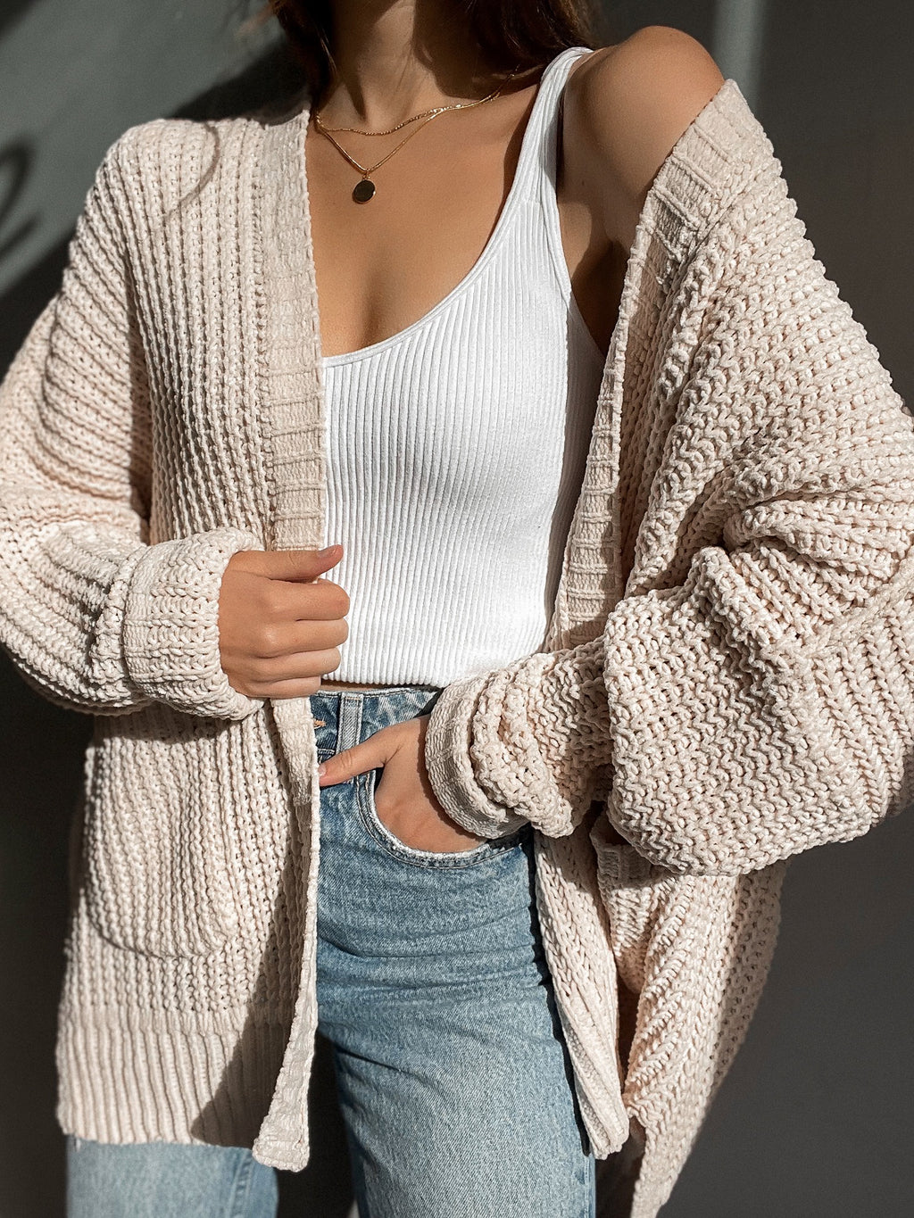 Chunky Knit Cardigan in Beige - Stitch And Feather