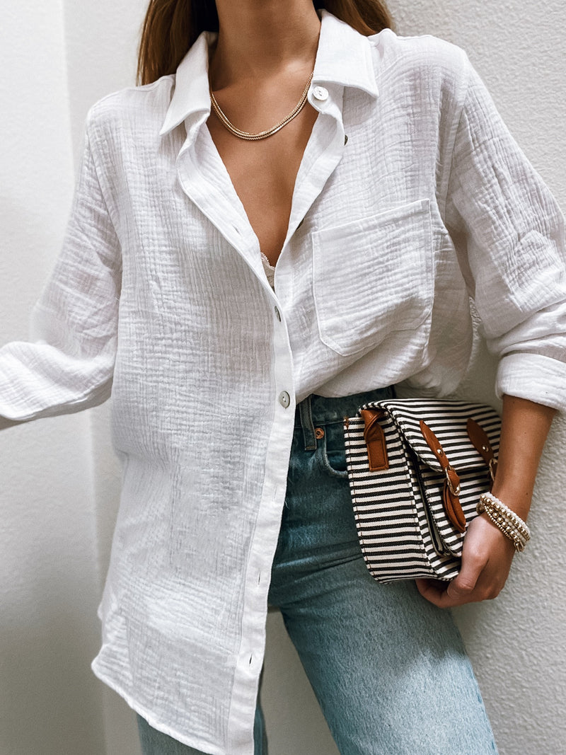 Palms Gauze Button Down in White - Stitch And Feather