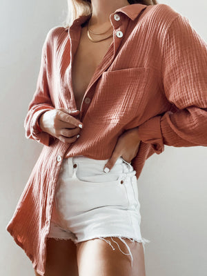 Palms Gauze Button Down in Mauve - Stitch And Feather
