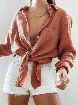 Palms Gauze Button Down in Mauve - Stitch And Feather