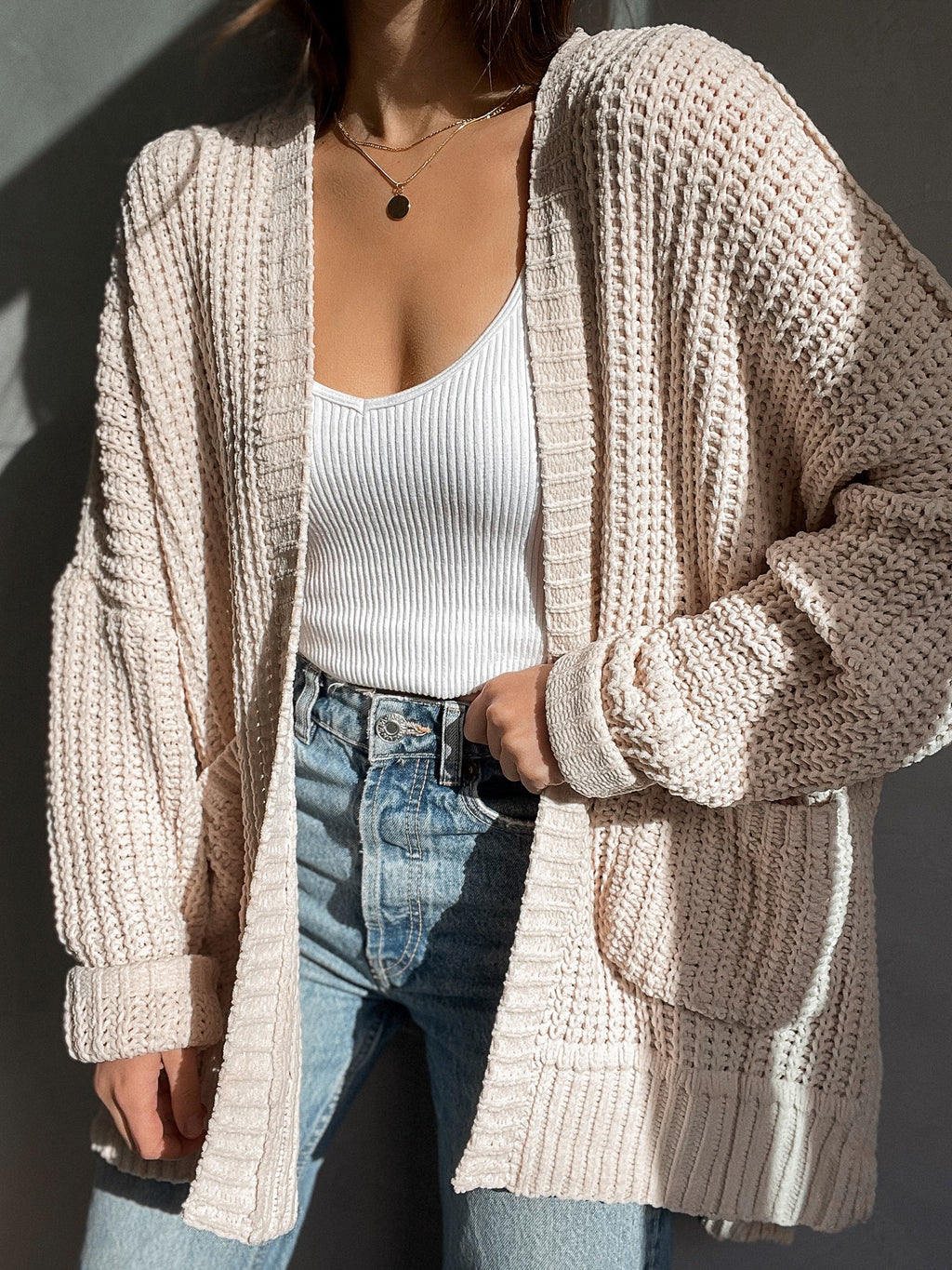 Chunky Knit Cardigan in Beige - Stitch And Feather